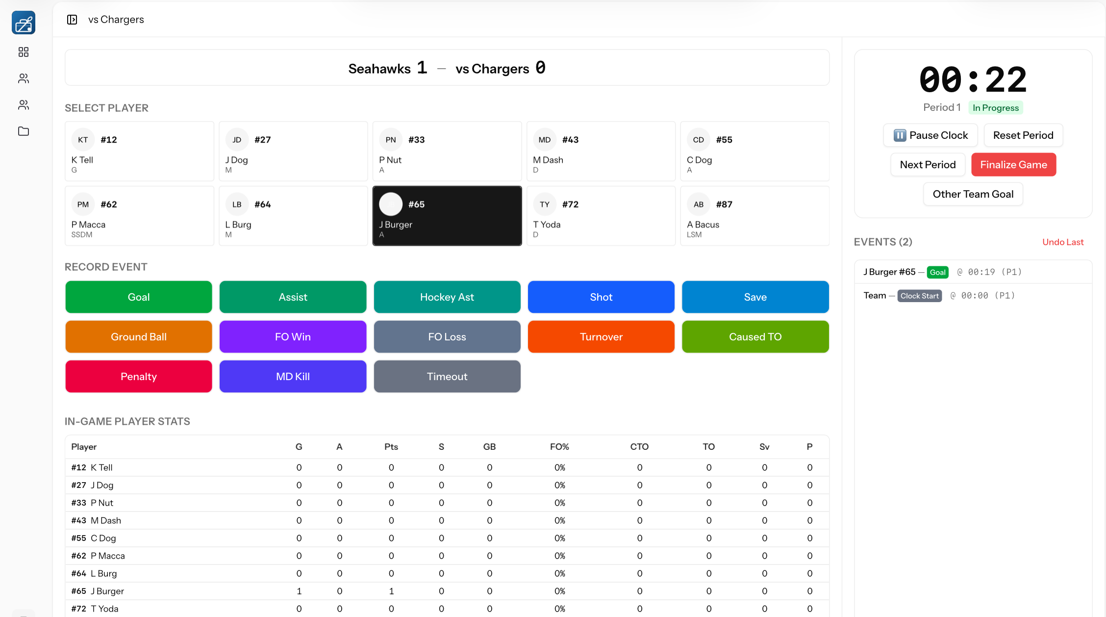 laxToolbox live game console showing real-time scoring